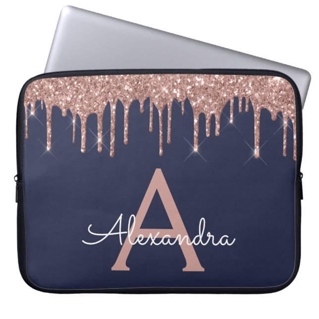 Pink Rose Gold Navy Blue Glitter Sparkle Monogram Laptop Sleeve (Front)