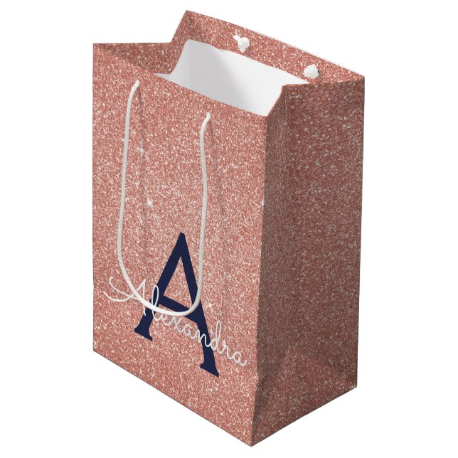 Pink Rose Gold Navy Blue Glitter Sparkle Monogram Medium Gift Bag (Front Angled)