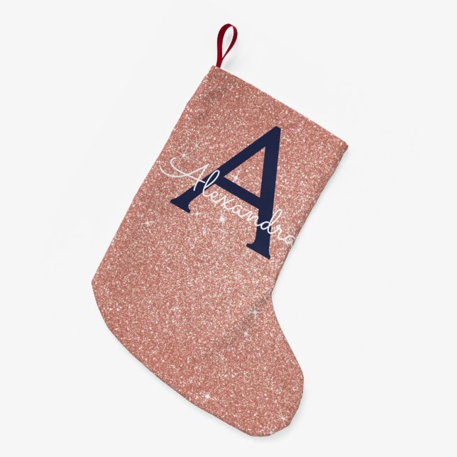 Pink Rose Gold Navy Blue Glitter Sparkle Monogram Small Christmas Stocking (Front (Hanging))