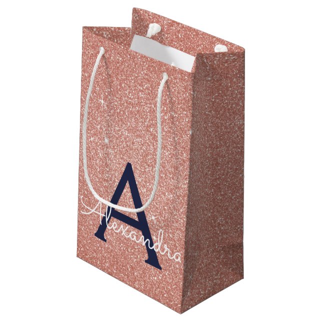 Pink Rose Gold Navy Blue Glitter Sparkle Monogram Small Gift Bag (Back Angled)