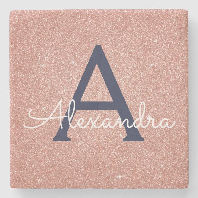 Pink Rose Gold Navy Blue Glitter Sparkle Monogram Stone Coaster (Front)