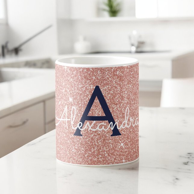 Pink Rose Gold Navy Blue Sparkle Glitter Monogram Coffee Mug (Creator Uploaded)
