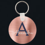 Pink Rose Gold Navy Blue Stainless Steel Monogram Key Ring<br><div class="desc">Pink Rose Gold and Navy Blue Faux Stainless Steel Metallic Elegant Keychain. These Keychains can be customised to include your initial and first name. These key chains make great birthday,  bridal shower or bachelorette party favours.</div>
