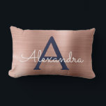Pink Rose Gold Navy Blue Stainless Steel Monogram Lumbar Cushion<br><div class="desc">Rose Gold | Blush Pink and Navy Blue Stainless Steel Foil Monogram Name and Initial Pillow. The pillow makes the perfect Sweet 16,  Bridal Shower,  or Christmas or Wedding Elegant and Modern gift for someone decorating her room in rose gold.</div>