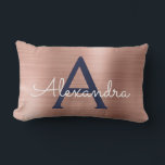 Pink Rose Gold Navy Blue Stainless Steel Monogram Lumbar Cushion<br><div class="desc">Rose Gold | Blush Pink and Navy Blue Stainless Steel Foil Monogram Name and Initial Pillow. The pillow makes the perfect Sweet 16,  Bridal Shower,  or Christmas or Wedding Elegant and Modern gift for someone decorating her room in rose gold.</div>