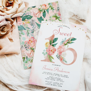 Pink Rose Gold Princess Floral Sweet 16 Birthday Invitation