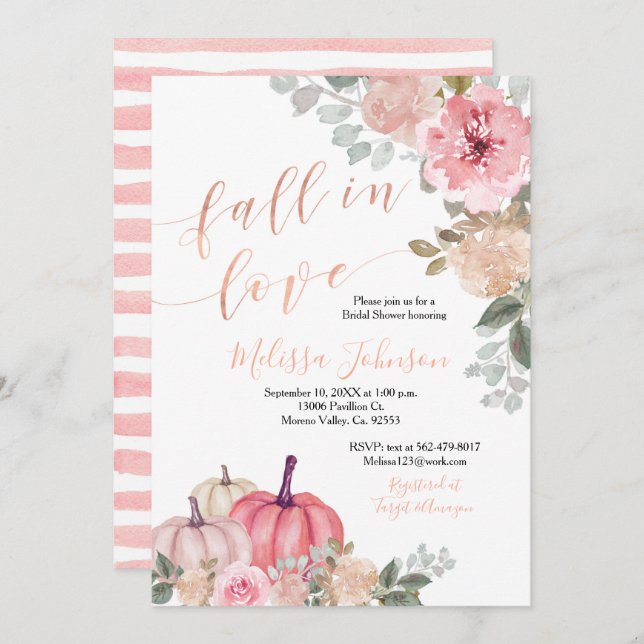 Pink Rose Gold Pumpkin Fall in Love invitation (Front/Back)