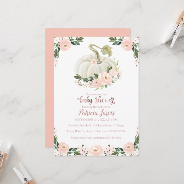 Pink Rose Gold Pumpkin Girl Baby Shower Invitation (Front/Back In Situ)