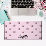 Pink rose gold queen crown name girl desk mat<br><div class="desc">A girly pink background decorated with rose gold and pink crowns for a queen.  Personalise and add your name.</div>
