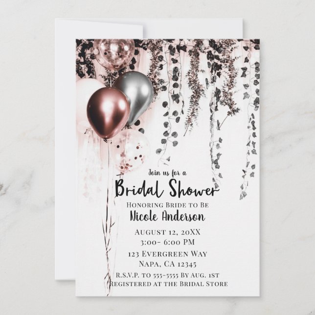 Pink Rose Gold Silver Balloons Rustic Ivy Bridal Invitation (Front)