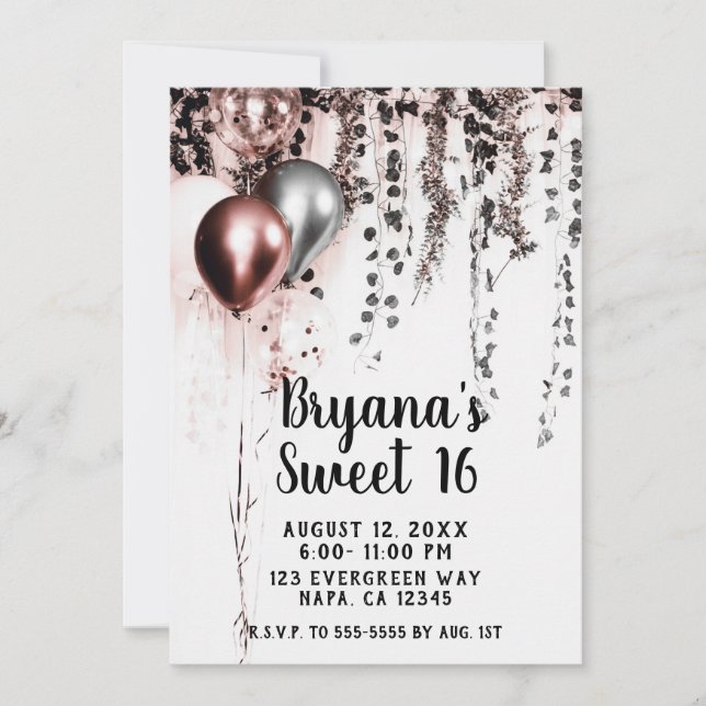 Pink Rose Gold Silver Balloons Rustic Ivy Sweet 16 Invitation (Front)