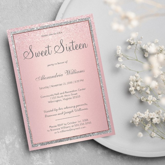 Pink rose gold silver glitter gradient  Sweet 16 Invitation (Glam gold silver glitter confetti Photo Sweet 16 m)