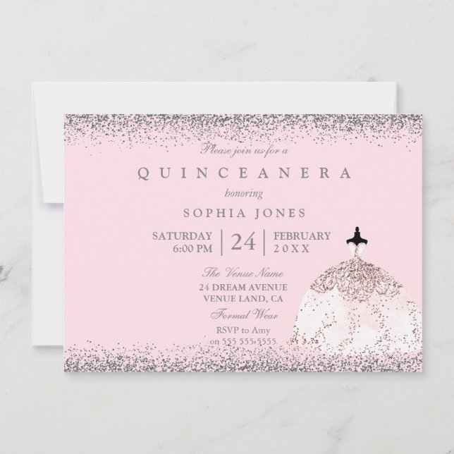 Pink Rose Gold  Silver Quinceanera Party Invite (Back)