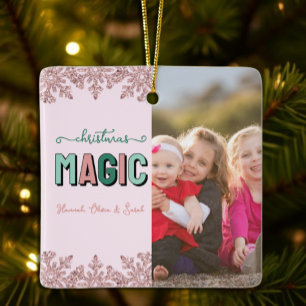 Pink Rose Gold Snowflake Christmas Magic Ceramic Ornament