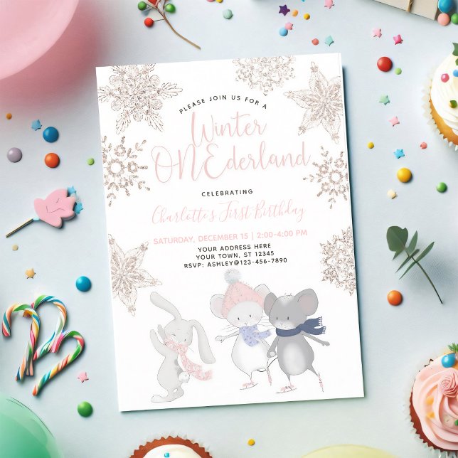 Pink Rose Gold Snowflake First Birthday Invitation (Creator Uploaded)