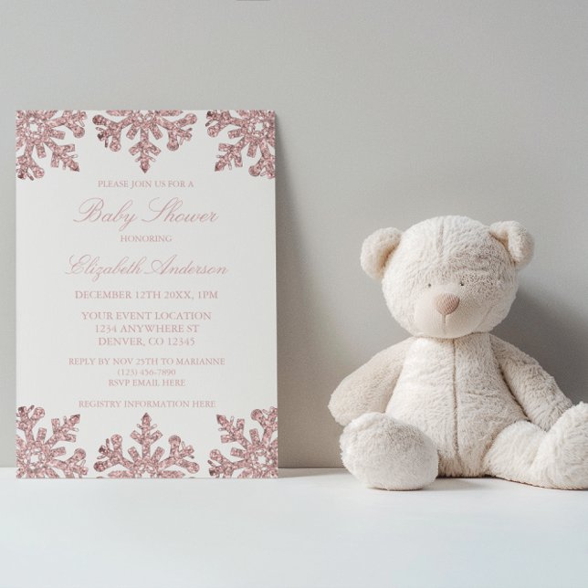 Pink Rose Gold Snowflake Winter Baby Shower Invitation (Creator Uploaded)