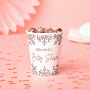 Pink Rose Gold Snowflake Winter Baby Shower Paper Cups