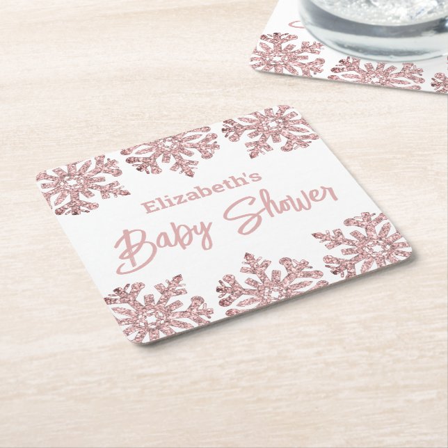 Pink Rose Gold Snowflake Winter Baby Shower Square Paper Coaster (Angled)