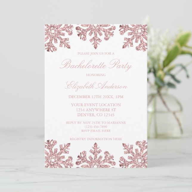 Pink Rose Gold Snowflake Winter Bachelorette Party Invitation (Standing Front)