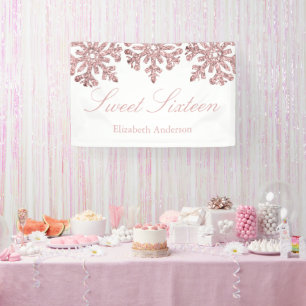 Pink Rose Gold Snowflake Winter Sweet 16 Banner