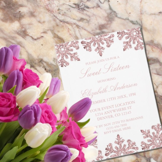 Pink Rose Gold Snowflake Winter Sweet 16 Invitation (Creator Uploaded)