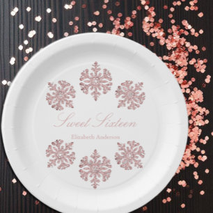 Pink Rose Gold Snowflake Winter Sweet 16 Paper Plate