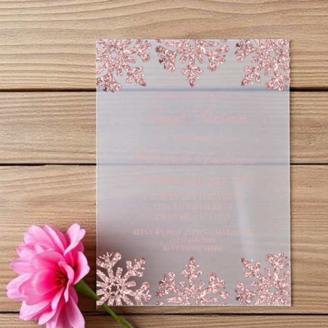 Pink Rose Gold Snowflake Winter Sweet 16 Vellum Invitations (Creator Uploaded)