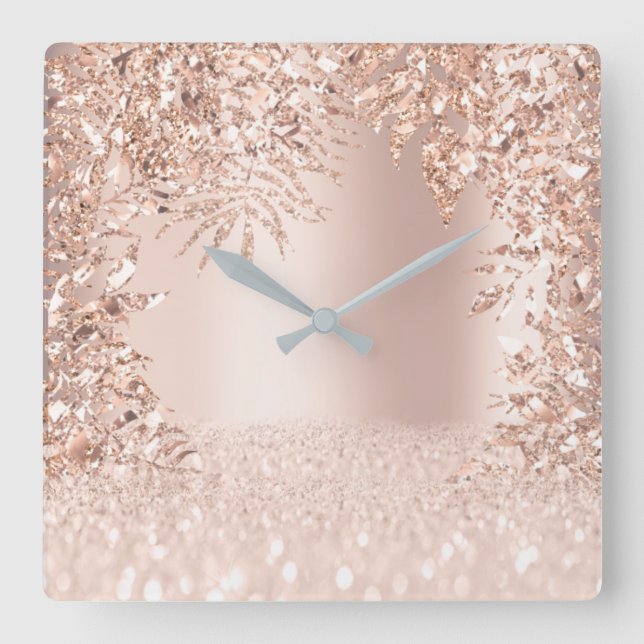Pink Rose Gold Spark Floral Glitter Blush Girly Square Wall Clock (Front)
