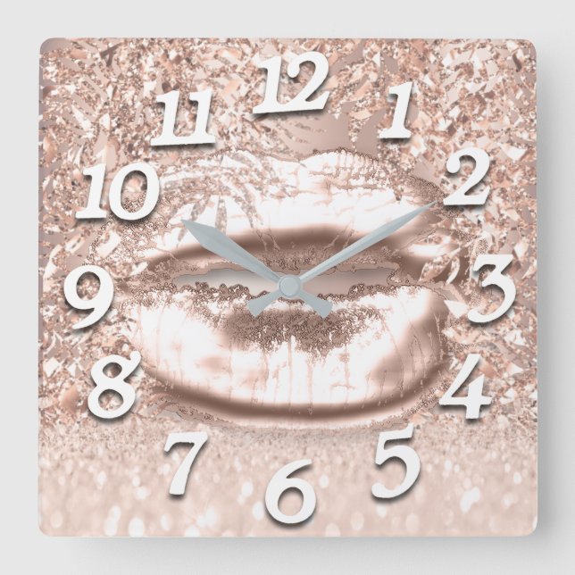 Pink Rose Gold Spark Floral Glitter Lips Numbers Square Wall Clock (Front)