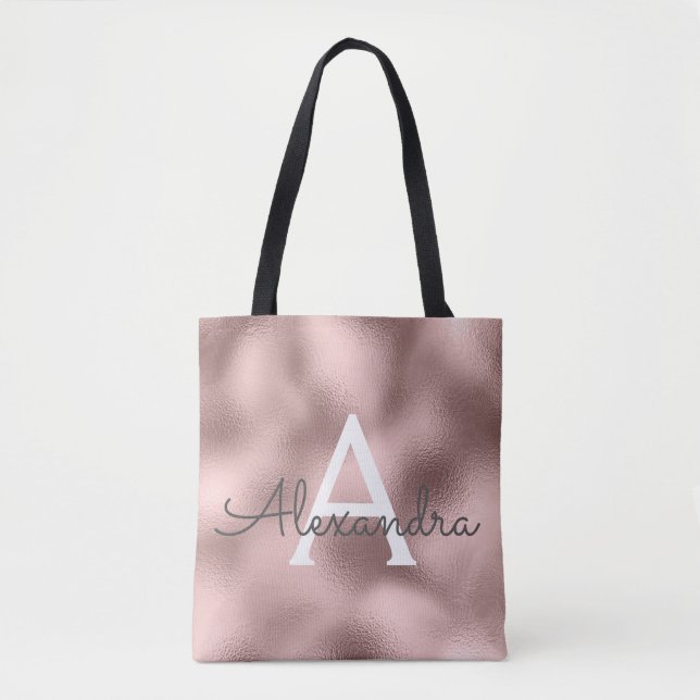 Pink Rose Gold Sparkle Elegant Monogram Book Bag (Front)