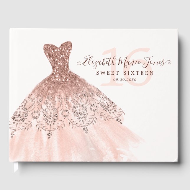 Pink Rose Gold Sparkle Glitter Dress 16th Birthday Guest Book (Front)