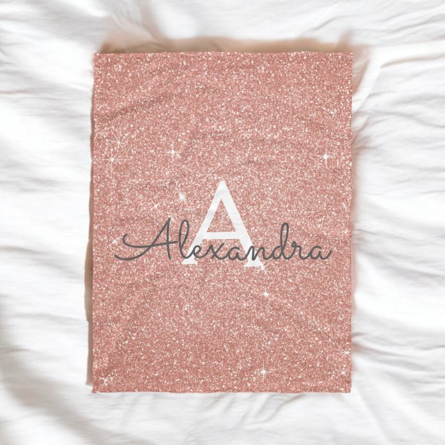 Pink Rose Gold Sparkle Glitter Monogram Name Fleece Blanket (Creator Uploaded)