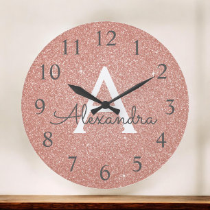 Pink Rose Gold Sparkle Glitter Monogram Name Large Clock
