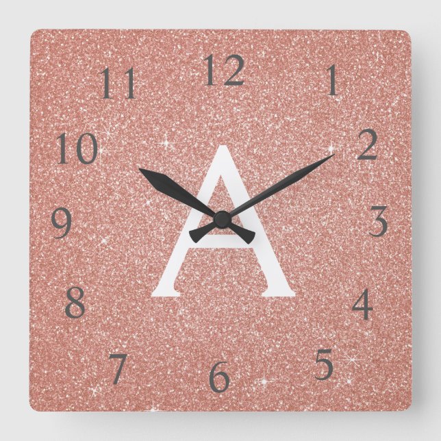 Pink - Rose Gold Sparkle Glitter Monogram Name Square Wall Clock (Front)