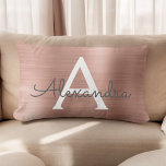Pink Rose Gold Stainless Steel Monogram Name Lumbar Cushion<br><div class="desc">Blush Pink - Rose Gold Foil  Brushed Metal Monogram Name and Initial Pillow. The monogrammed pillow makes the perfect Bridal Shower,  Bachelorette Party,  Baby Shower,  Wedding or Sweet 16,  18th,  21st,  30th,  40th,  50th,  or 60th Birthday gift for someone decorating her room in elegant and modern rose gold.</div>