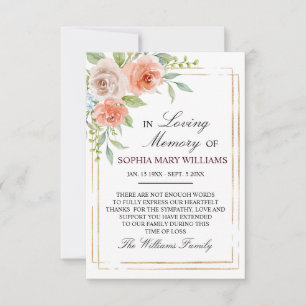 Pink Rose & Gold Sympathy Memory Thank You Card