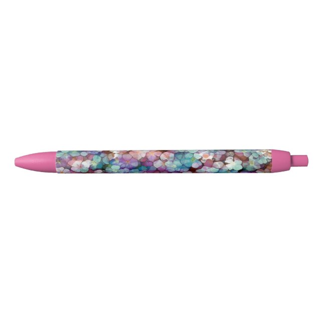 Pink Rose Gold Teal Mosaic Millefiori Flowers Black Ink Pen (Front)