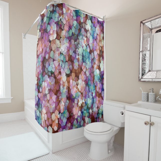 Pink Rose Gold Teal Mosaic Millefiori Flowers Shower Curtain (In Situ)