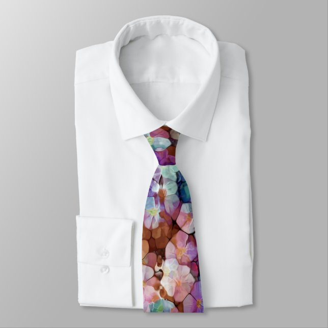 Pink Rose Gold Teal Mosaic Millefiori Flowers Tie (Tied)