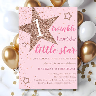 Pink & Rose Gold Twinkle Little Star 1st Birthday Invitation