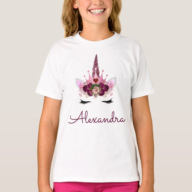 Pink Rose Gold Unicorn Monogram Birthday T-Shirt (Front)