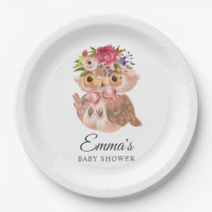 Pink Rose Gold Watercolor Owl Baby Shower Paper Plate