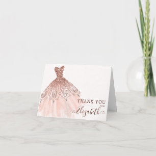 Pink Rose Gold Watercolor Sparkle Dress Thank You Note Card