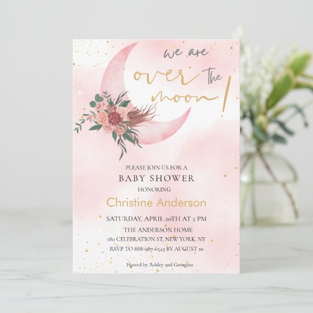 Pink rose gold We are over the Moon Baby Shower  Invitation (Standing Front)