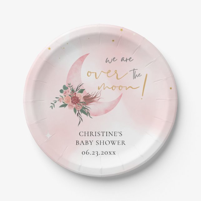 Pink rose gold We are over the Moon Paper Plate (Front)