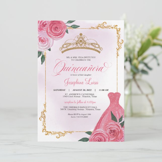 Pink Rose & Gold White Floral Tiara Quinceañera Invitation (Standing Front)