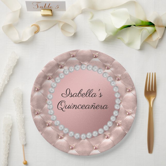 Pink Rose Gold White Pearls Quinceañera Photo  Paper Plate (Wedding)
