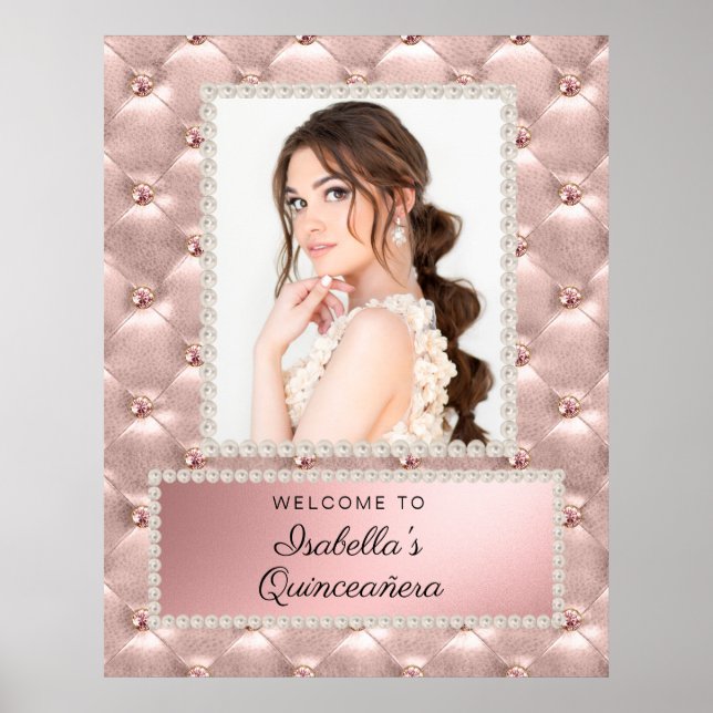 Pink Rose Gold White Pearls Quinceañera Photo  Poster (Front)