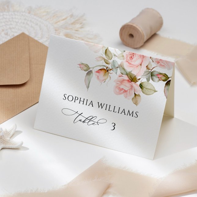 Pink Rose & Green Wedding Place Card (Creator Uploaded)