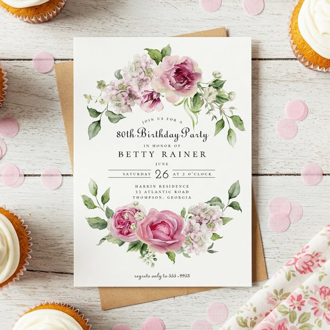 Pink Rose Greenery Floral Arch 80th Birthday Party Invitation (Creator Uploaded)